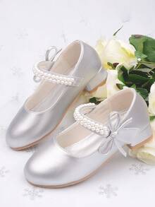 女童珍珠公主鞋，白色皮鞋，中跟，春秋 - 灰色 - 查看 8