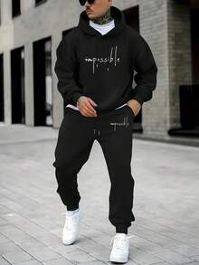Men's IMPOSSIBLE Graphic 2-Piece Winter Tracksuit Polyester Hoodie + Pants Set For Gym Running Lounge Home Outdoor Activities Warm Comfortable - 黑色7 - 查看 1