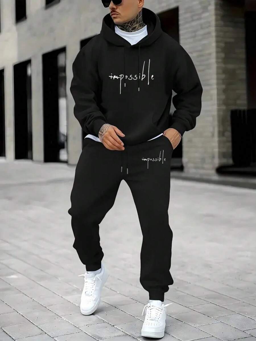 Men's IMPOSSIBLE Graphic 2-Piece Winter Tracksuit Polyester Hoodie + Pants Set For Gym Running Lounge Home Outdoor Activities Warm Comfortable - 黑色7 - 查看 1