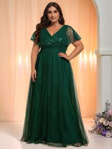 EVERPRETTY Sheer Contrast Sequin V-Neck Short Sleeve High Waist Green Evening Dress, Formal Autumn Gala Dress - Dark Green - View 2