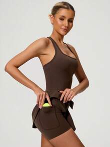 MASKERT 网球裙》女士运动半裙网球高尔夫裙户外运动半裙防眩光运动服舒适亲肤 - 咖啡棕 - 查看 8