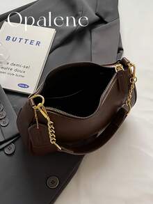 Retro Solid Color Shoulder Crossbody Bag For Women Crescent Pebbled Leather Office Purse Metal Chain Armpit Handbag For Commuting Travel Essentials - Coffee Brown - View 5