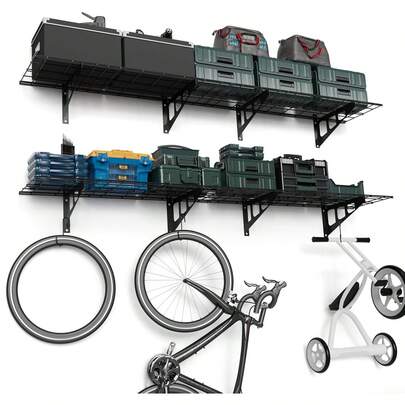 12x72INCH Garage Wandregale mit Haken, Heavy Duty Wandregal Garage Organisation System mit Fahrradhänger, Aufbewahrungshalter, schwimmende Regale, 560 Pfund Gewichtskapazität, 2-Pack