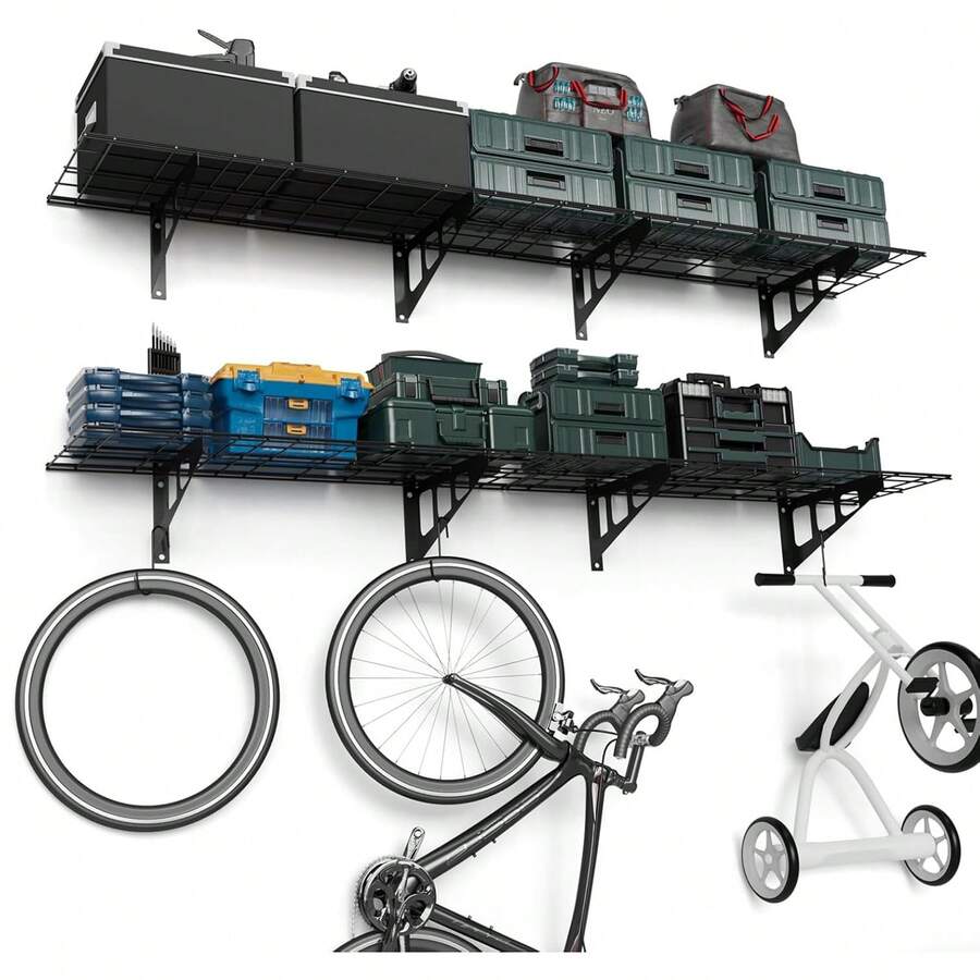 Estantes de pared para garaje de 30 x 183 cm con ganchos, sistema de organización resistente para garaje con colgador de bicicletas, soporte de almacenamiento, estantes flotantes, capacidad de peso de 250 kg, paquete de 2 - Negro 12x72 pulgadas / 30,5x183 cm - Ver 1