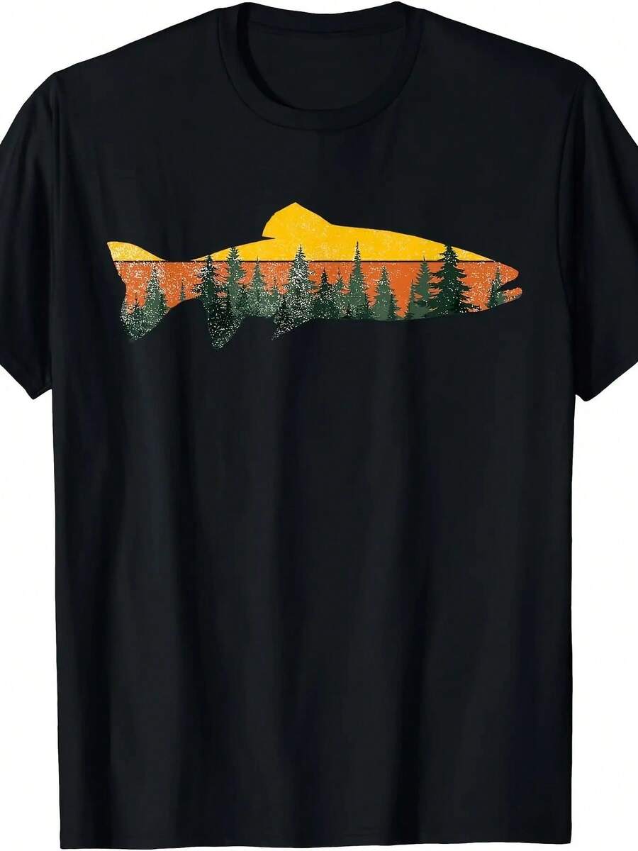 One Piece Of 100% Pure Cotton 180g Authorization Men's Cotton Fly Fishing Pattern T-Shirt - Breathable Quick-Drying Round Neck Short Sleeve, Geometric Fish And Mountain Landscape Print, Four Seasons Casual Outdoor Hiking Camping Fishing Shirt - DXH00209, Adventure Apparel, Lightweight And Vibrant Top - 黑色 - 查看 1