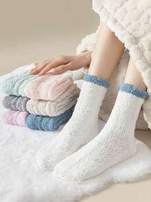 1/2/3/4/5/6/7/8 Pairs Women Autumn/Winter Coral Fleece Contrast Color Cuff Comfortable Warm Sleep Socks, Cozy Socks - Multicolor - View 8