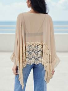 Womens Y2K Lace Patchwork Frill Poncho Tops Solid Color See Through Batwing Sleeve V Neck Ruffle Hem Loose Fit Sheer Mesh T Shirts Blouses Boho Peplum Shawl Shirts Summer Going Out Tops Beach Cover Up Vacation Streetwear - 淺灰色 - 查看 2