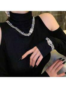 1pc Diamond-Shaped Fully Rhinestone Shiny Chain Necklace, Unisex Hip-Hop Versatile Summer Bracelet Necklace Jewelry For Daily Wear
