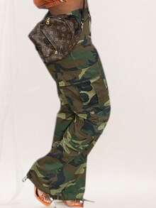 Cotton Green Camo Multi Pocket Cargo Pants Loose  Fit Wome Street Wear Summer Outfits Now,Halloween. - 軍綠色 - 查看 3