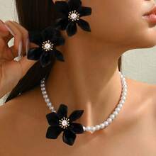 3pcs Elegant Necklace + Earrings Jewelry Set For Women, French Romantic Palace Style, Faux Pearl, 3D Red Woven Acrylic Flower Design, Suitable For Daily Wear, Banquet, Luxury Gift - Black - View 5