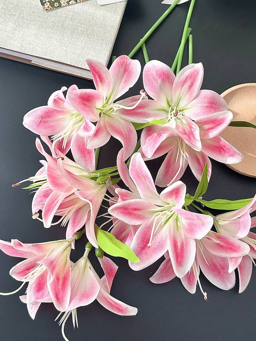 3支/6支仿真百合花，家居装饰，桌面摆件，插花，人造植物，塑料花，花园装饰，婚礼装饰，花束 - 彩色 - 查看 1