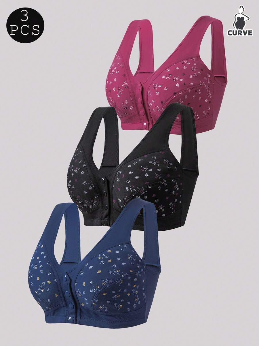 3pcs Front Closure Soft Camisole Bras For Mature Women, Wire-Free Plus Size Comfortable Lingerie,Autumn And Winter Styles,Spring And Summer Clothing - Nhiều màu - Xem 1