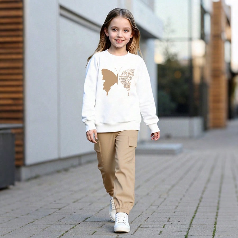 Set de 2 piezas de sudadera de manga larga y pantalón cargo para niñas preadolescentes de primavera/otoño, con estampado de mariposa y letras, info