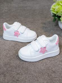 1 Pair Kids Versatile Hook And Loop Breathable White Sneakers With Embroidered Bow, Chinese Knot Decor, Fashion Casual Flat Shoes For Girls And Boys - 粉色 - 查看 9