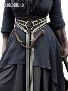 Hershine Jednoczęściowy damski pasek w stylu wikingów, sznurkowy pasek, swobodny i elegancki damski pasek w stylu wikingów, sznurkowy pasek, modny dodatek do talii w stylu retro country, styl Simia, wielofunkcyjny design, odpowiedni do codziennego noszenia w drodze do pracy o każdej porze roku, akcesoria jesienne i zimowe, akcesoria do kostiumów świątecznych i halloweenowych, dekoracja sukienki, swetra i płaszcza