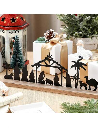 1 Peça Conjunto de Natividade de Metal para Natal Interno, Cena de Natividade de Metal Preto com Base de Madeira, Conjunto de Pessoas da Natividade, Decorações de Natal para Mesa de Natal, Enfeites