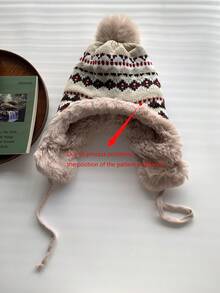 1顶复古提花针织帽，女士保暖保暖内衬飞行员帽/乌沙卡帽，适合冬季骑行滑雪，加厚针织帽带绒球 - 彩色 - 查看 8