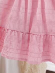 女婴可爱纯色圆领泡泡袖A字公主裙，舒适优雅，适合居家、日常穿着、外出、春夏季 - 粉色 - 查看 6
