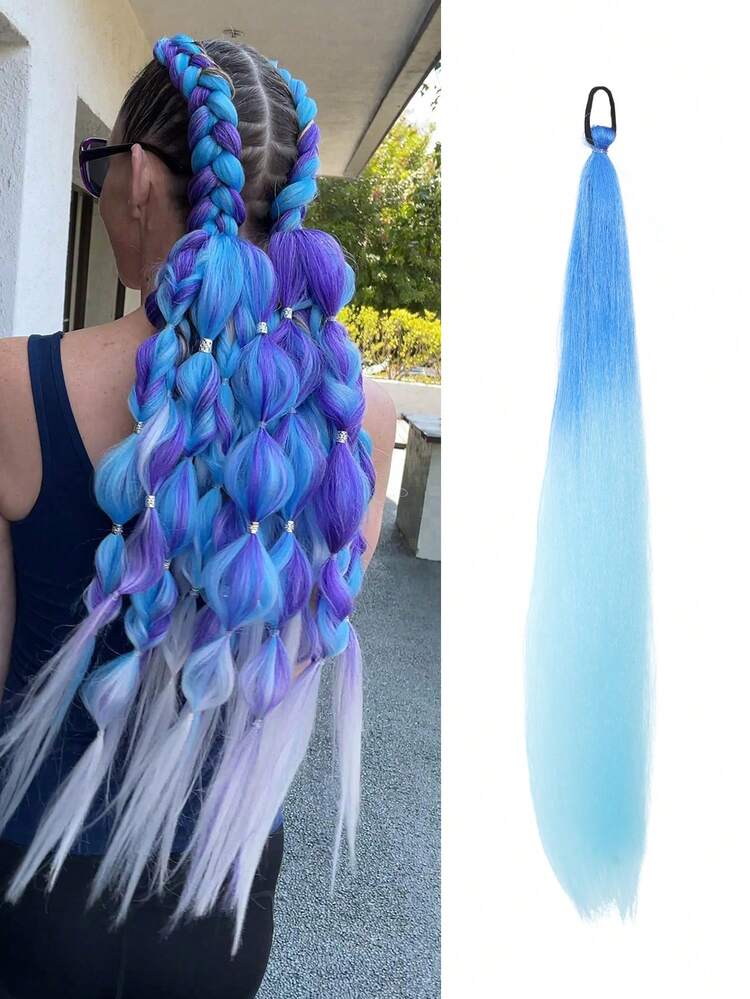 1pc/2pcs Blue Braided Wig With Elastic Band, 1pc Ombre Blue Ponytail, Synthetic Material, Suitable For Women, Applicable For Halloween, Music Festivals, Parties, Cosplay, Holidays And Other Occasions - Blue Ombre - View 7