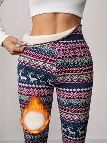 Legging Ketat Pinggang Tinggi Wanita, Hangat & Nyaman, Cocok untuk Motif Natal & Rusa - Royal Blue - View 1