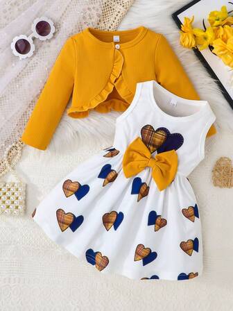 2pcs Baby Girls Autumn Outfit Set: Ruffle Collar Cardigan Long Sleeve Jacket + Sleeveless Dress With Bow Print