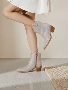 Women Rhinestone Cowboy Boots Glitter Chunky Heel Sparkly Cowgirl Ankle Boots, Dressy Wedding Bride Bridesmaid Prom Graduation Dress Shoes Valentines - 米色 - 查看 2