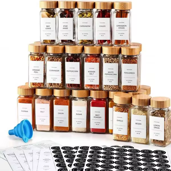 Empty Spice Jars With Label Pack (12x Bamboo Lid Glass Jar). Small 6oz Spice Storage Bottles.