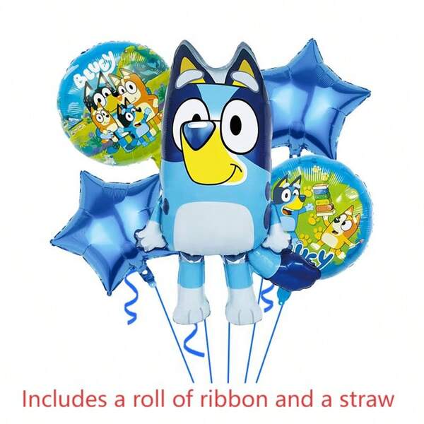 Bluey 1pc/5pcs Bluey Birthday Balloon Party Decoration Decoration, Cartoon Decorative Aluminum Film Balloon, Aluminum Film Double Color Cartoon Inflatable Balloon, Birthday Decorative Balloon, Party Decoration, Non Self Sealing, Self Sealing Required