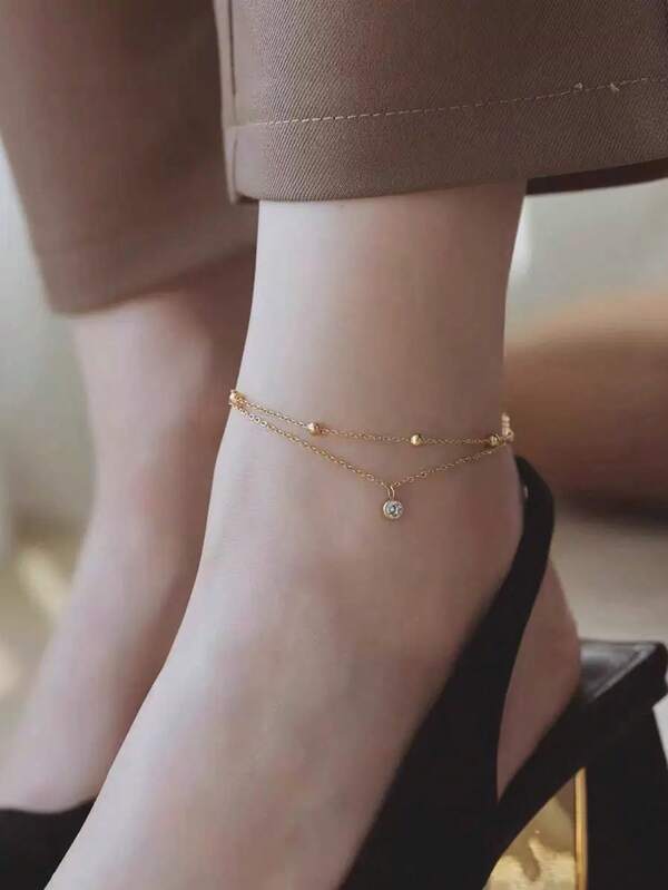 1 Stück Edelstahl Doppelschicht Kubikzirkonia Fußkette, modisch & zart, geeignet für den täglichen Gebrauch, Strand und Urlaub