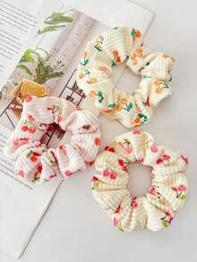 3/2pcs Autumn/Winter New Flocked Scrunchies, Cherry Blossom Sweet Hair Ties For Ponytail & Bun, Women Hair Accessories, Polyester ,Scrunchy Hair Ties