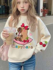 Tween Girl Cute Capybara Cartoon Print Graphic Basic Sweatshirt,Machine Washable,Comfortable & Fashionable Casual Wear Pullover