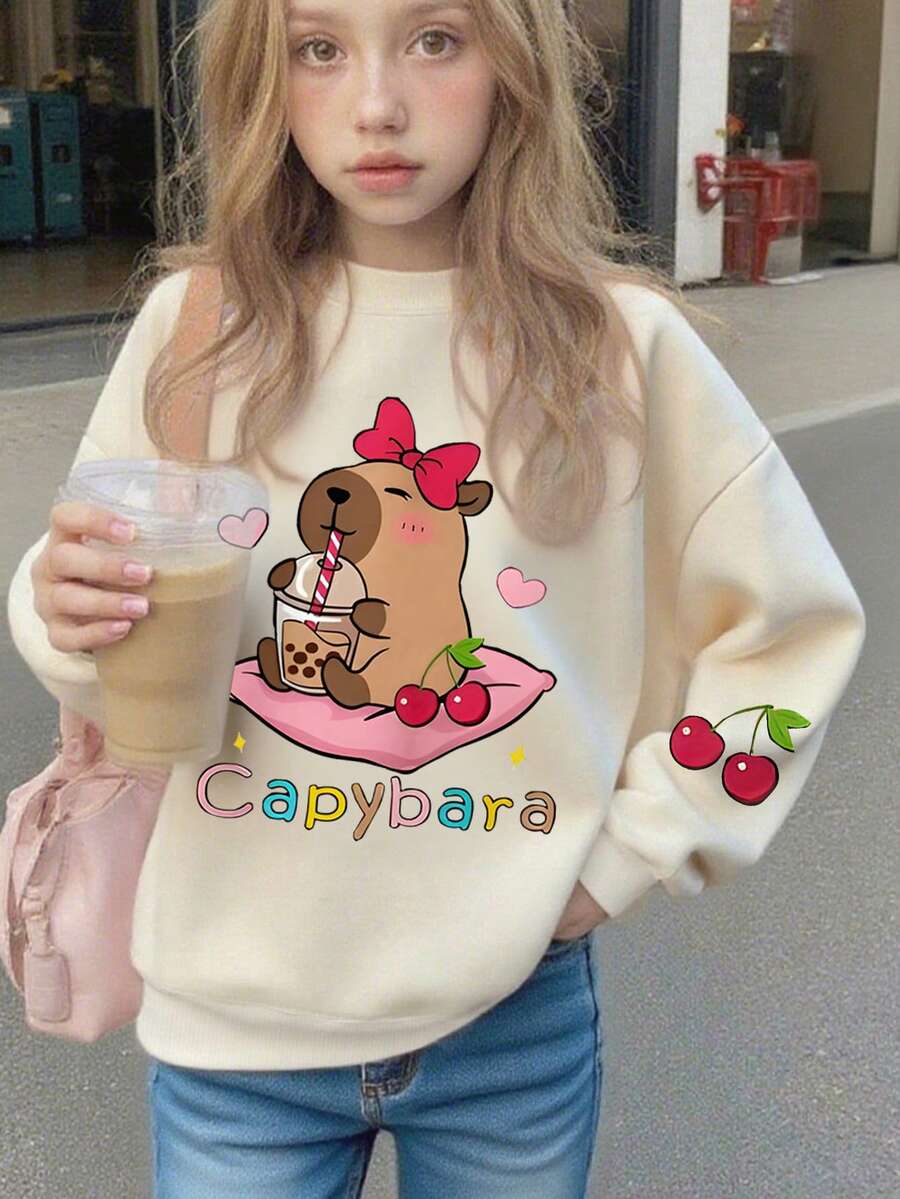 Tween Girl Cute Capybara Cartoon Print Graphic Basic Sweatshirt,Machine Washable,Comfortable & Fashionable Casual Wear Pullover