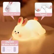 Cute Bunny Nursery Light, Easter Rabbit Squishy Silicone Touch Night Lamp Rechargeable, Kawaii Animal Toddler Room Decor Table Lamp, Child Girl Women Birthday Gift - 大臉兔 - 查看 2