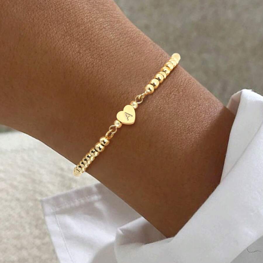 1pc New Heart & Letter Adjustable Gold Beaded Chain Bracelet For Women - Golden Heart - View 1