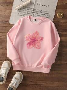 1pc Girls Casual Printed Pullover Crew Neck Sweatshirt, Student Wear, Long Sleeve, Autumn/Winter - Pink - View 3