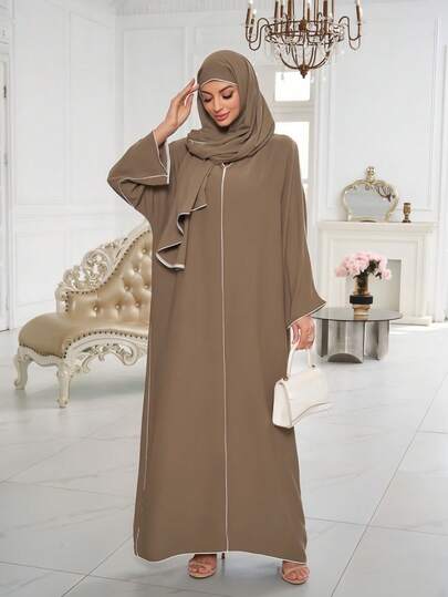 Conjunto de 2 peças de abaya muçulmana, vestido de robe com acabamento clássico, versátil para uso diário feminino (lenço longo + vestido muçulmano)