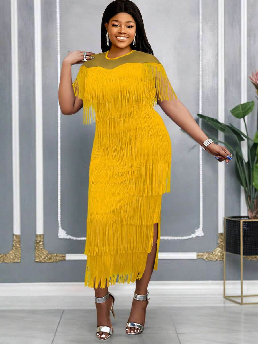 AOMEI Women Black Tassel Long Dress Patchwork Mesh See Through Party ...