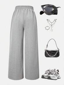 2pcs/Set Tween Girls' Street Style Solid Color Loose Straight Leg Casual Pants