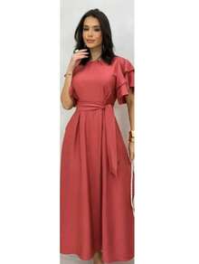 Duna Women's Long Midi Dress In Linen With Ruffle Sleeves And Belt - Coral Pink - View 1