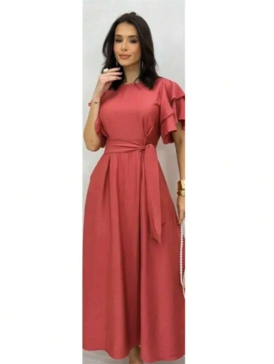 Duna Women's Long Midi Dress In Linen With Ruffle Sleeves And Belt - Coral Pink - View 1