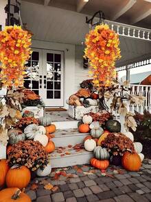 4pcs/2pcs/1pc Artificial Hanging Flower Plants Yellow And Orange For Outdoor Decoration, Simulation Silk Morning Glory With Eucalyptus UV Resistant Lifelike Vines, Suitable For Wall, Home Porch, Patio, Balcony, Courtyard Indoor Decoration, Halloween Decoration, Fall Decoration