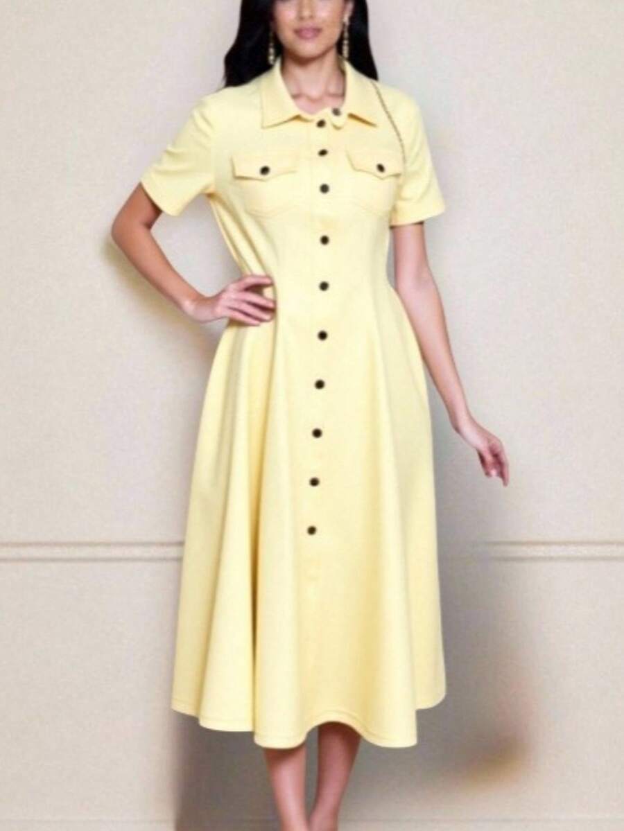 Women's Long Midi Dress With Buttons, Short Sleeves, With Pockets, Tailored Shirt, Elegant, Sensorial, Evangelical Fashion, Accentuated, Chemise 2026 - 黃色 - 查看 1