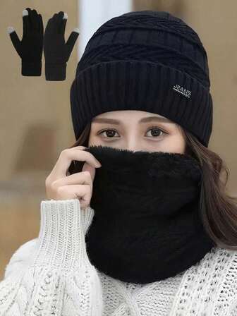 3er Set aus gestrickter Mütze, Halswärmer & Handschuhen für Frauen, einfarbig, thermisch gefüttert, bequem & warm, modisches vielseitiges gestricktes Mützeset, geeignet für Outdoor-Aktivitäten wie Skifahren, Radfahren, Angeln, Pendeln im Herbst/Winter, ideales Wintergeschenk