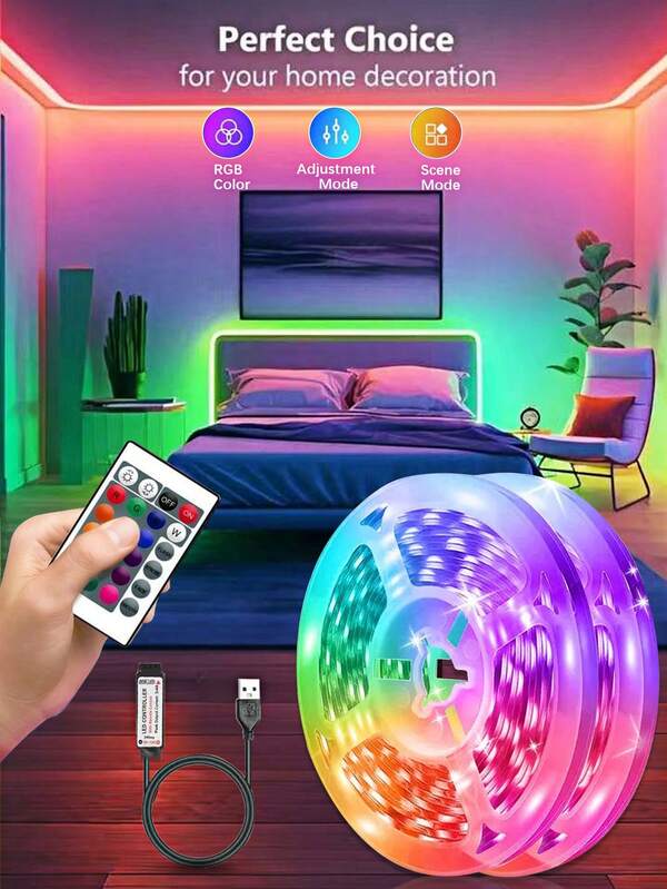 Fita de LED 5V, alimentada por USB e com controle remoto de 24 teclas, luzes neon flexíveis para Halloween, Natal, festa de aniversário, luminária de canto portátil, decoração para casa, luz de leitura, espelho de penteadeira, iluminação ambiente de fundo para TV