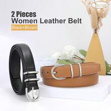 2-Pack Women's Leather Belts For Jeans And Dresses Plus Size - G-黑+棕(銀扣) - 查看 11