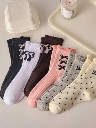 3 pares de calcetines tipo tripulación para mujer con lazos de mariposa, calcetines rosas, blancos y negros, aptos para cualquier temporada, colores aleatorios