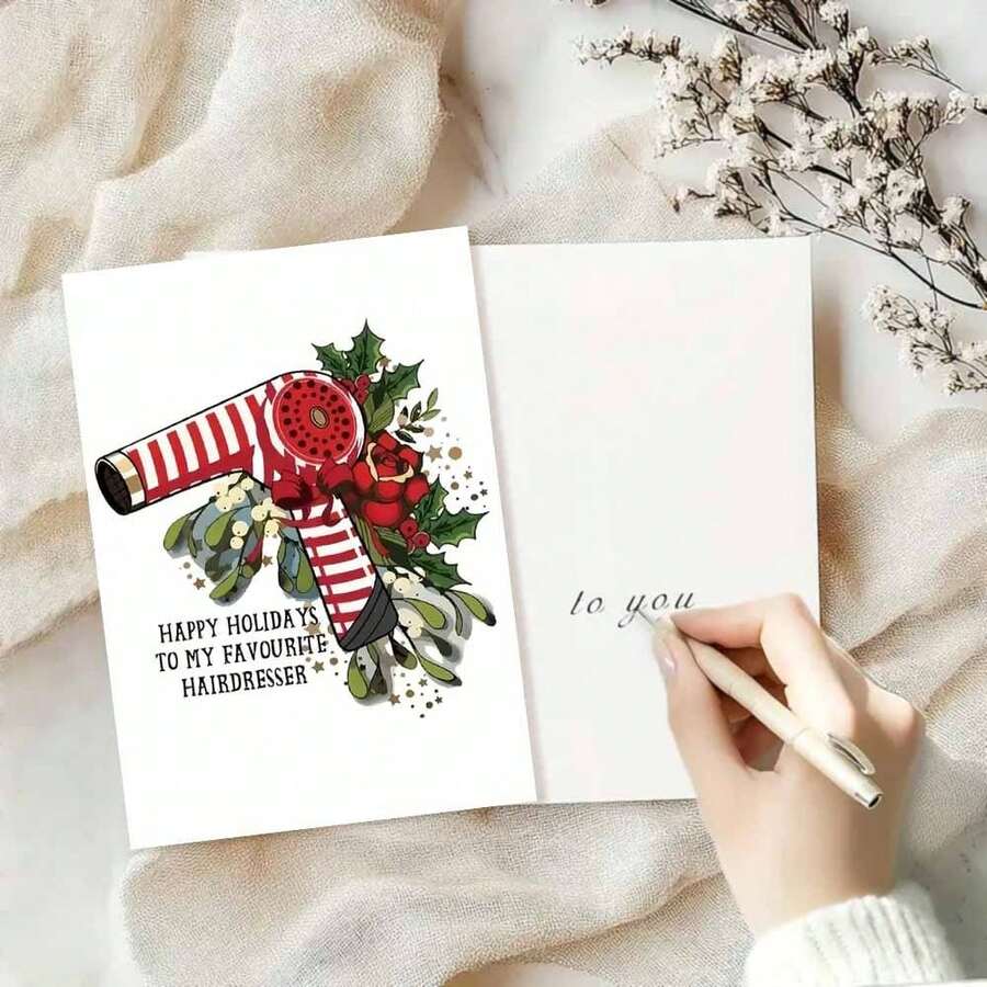 [Funny Holiday Card] 1pc Funny Holiday Card - Humorous Greeting Card With Red Hair Dryer & Holly Design | "Happy Holidays To My Favorite Hairdresser" - Perfect For Women, Friends & Family