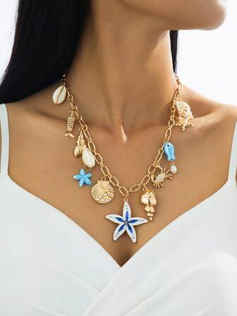 1 件优雅海星、螃蟹、鱼合金和陶瓷吊坠项链，适合女性日常、海滩、节日、礼物、派对穿着