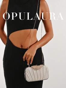 OpulAura 1 件复古优雅缎面褶皱正式派对手拿包，迷人精致的正式活动手提包，奢华盒式小钱包适合派对/婚礼/正式场合，配有可拆卸链条，可肩背或斜挎 - 杏色 - 查看 9