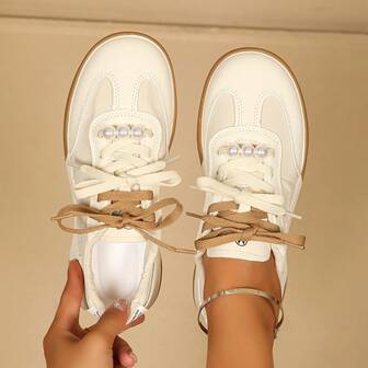 Women's Casual Sneakers, Breathable Low-Top Walking Trainers, Lightweight White Pearl Everyday Shoes